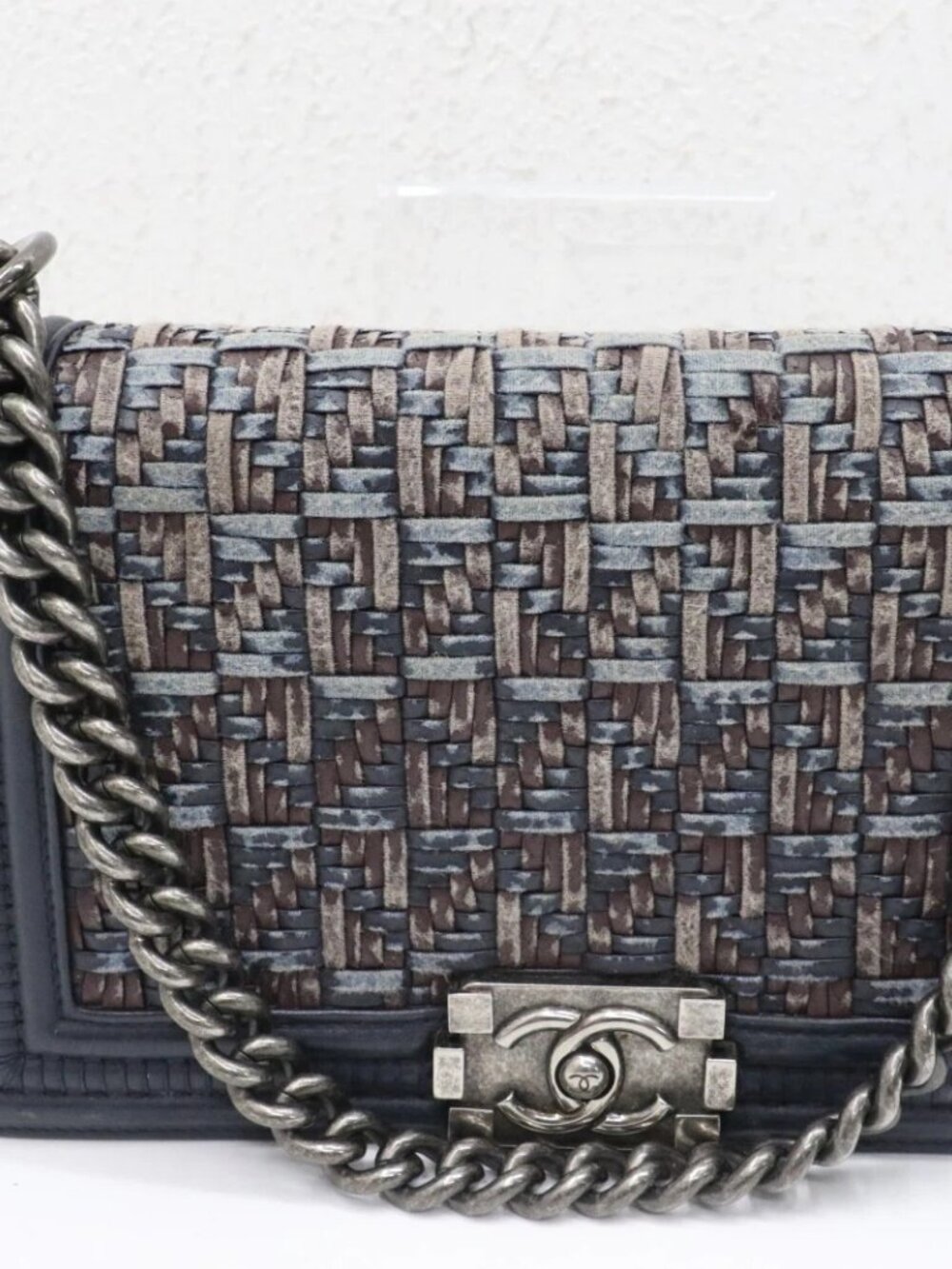 Chanel Medium Woven Boy Flap Bag Blue Dark Calf Leather Crossbody